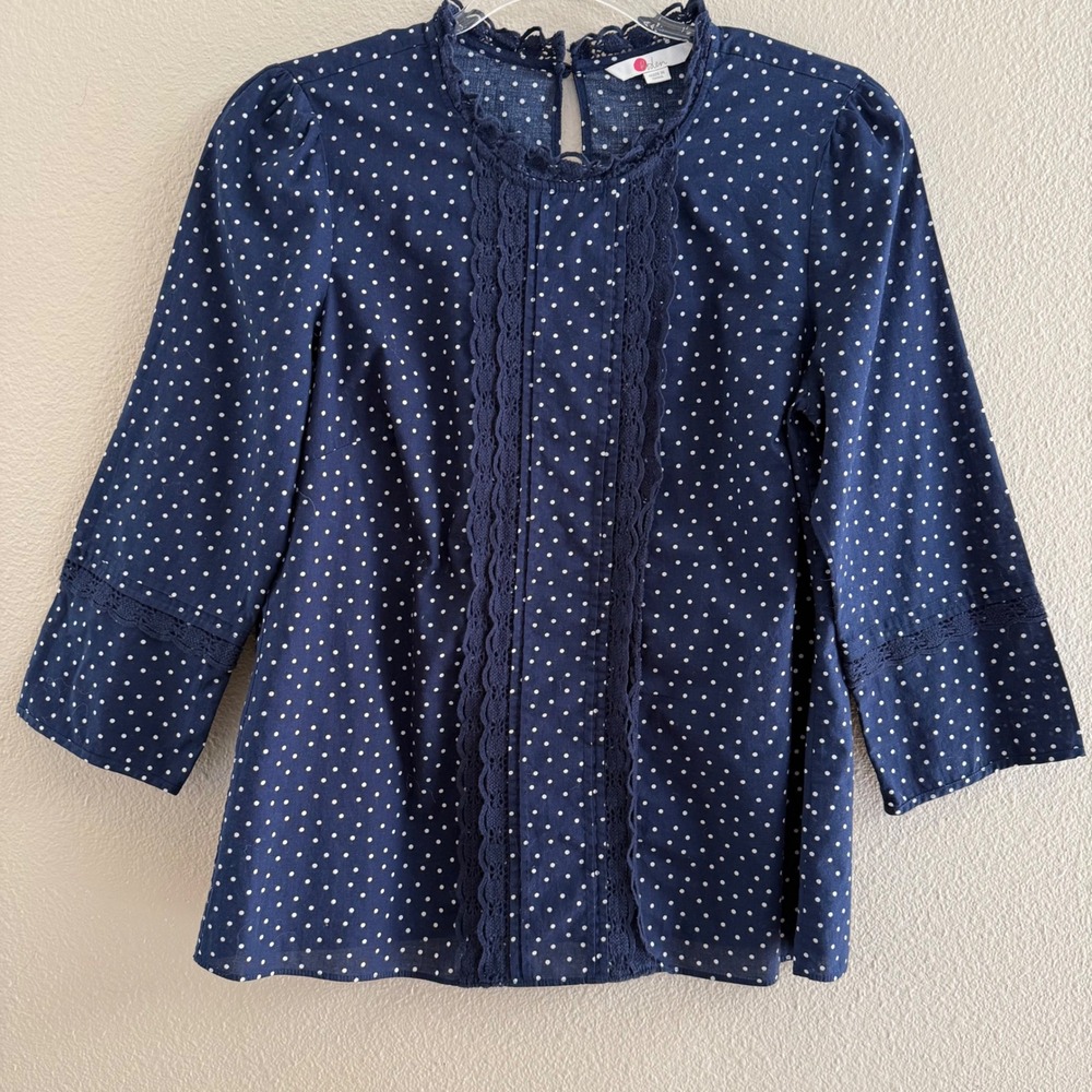 Boden‎ Navy Blue White Polka Dot Cotton Lace Blouse Top Women Spring Cotton US 4